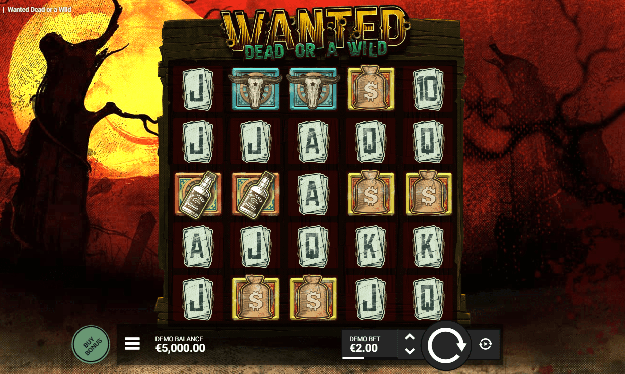 WANTED symbols include Dead and Wild, along with the playgrid.